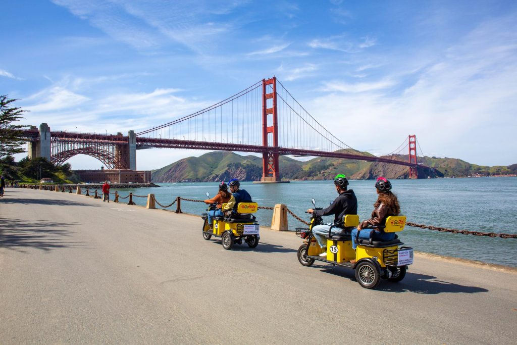 GoRide Electric scooter rentals in San Francisco. Round trip tour routes to the Golden Gate Bridge from Fisherman's Wharf.