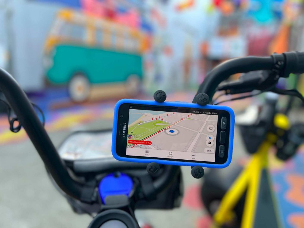 GoRide electric scooter rental in San Francisco with GPS storytelling tours on board. 
