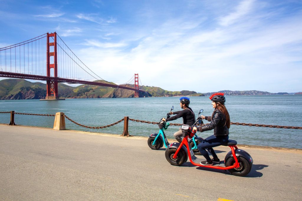GoRide Electric Scooters rentals on the way to the Golden Gate Bridge 