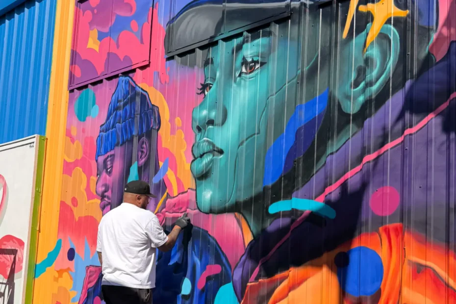 Artist Matley Hurd painting new mural Umbrella Alley Fishermans Wharf San Francisco
